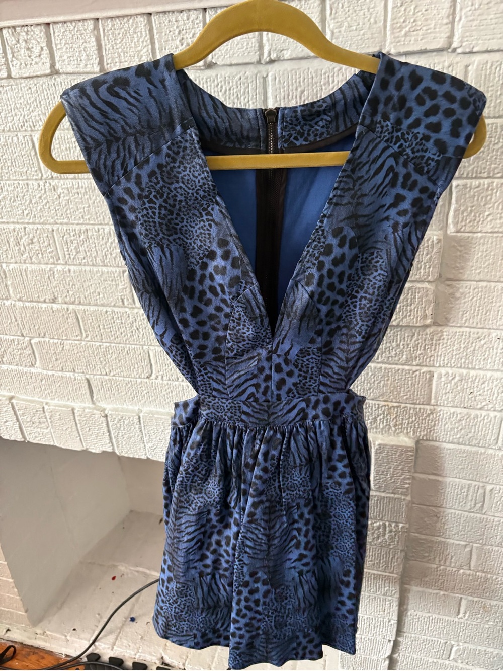 AKIRA Blue Animal Print Deep V Mini Dress